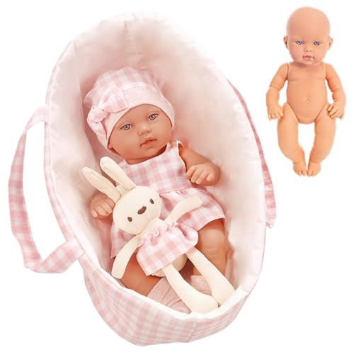 Muñeca para bebés para niños pequeños, muñeca de bebé móvil de 30 cm con ropa con ropa, cama de cunsyet de transportista y juguete de conejo, muñecas de bebés posibles para niños de 1 a 6 años de cum