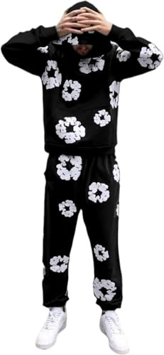 Genérico Chándal de Flores en Relieve para Hombre,2 Piezas Estampada Conjunto Hombre Sudadera con Capucha+Pantalones,Y2K Hip Hop Traje de Jogging Set