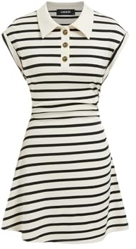 CIDER Womens Mini Dress Striped Sleeveless Polo Collar Back Tie Casual Mini Dresses Casual Summer Outfits Black