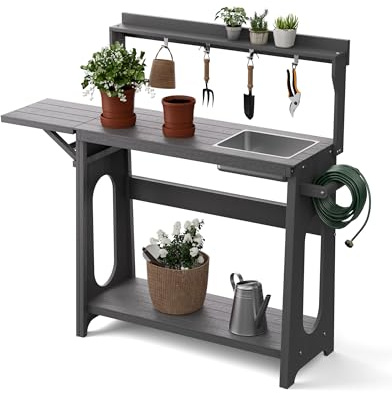 Pflanztisch Outdoor HIPS mit klappbarer Erweiterung, abnehmbarem Spülbecken, Gartentisch mit Ablagen & Werkzeughaken, wetterfest für Garten, Terrasse & Balkon, Grau