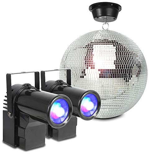 Glitter Mirror Ball 30cm Disco Kit with Motor and 2X BeamZ RGBW 10W LED Pinspot Lights for Wedding Party DJ Event Lighting