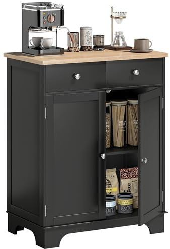 HOMCOM Sideboard Buffet Cabinet with Solid Wood Countertop, Modern Kitchen Storage Cabinet, Coffee Bar Cabinet with 2 Drawers, Doors and Adjustable Shelf, Black