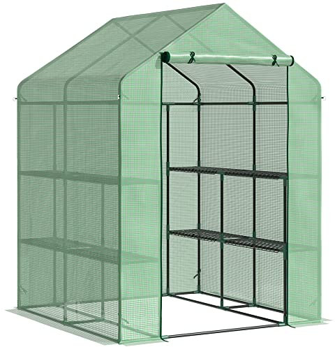 Outsunny Serra da Giardino con Scaffali per Piante, Serra da Balcone con Copertura in PE e Porta Avvolgibile, 143x138x190cm, Verde