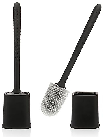 Canvint Silicone Toilet Brush Set, 2 Pack Deep Cleaning Brush with Quick Drying Holder, Flexible Long Handle (Black)