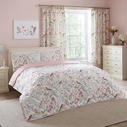Dreams & Drapes - Pink Floral & Bird Reversible Bedspread - 230cm X 200cm - 2 Designs - Botanical Prints & Spring Birds