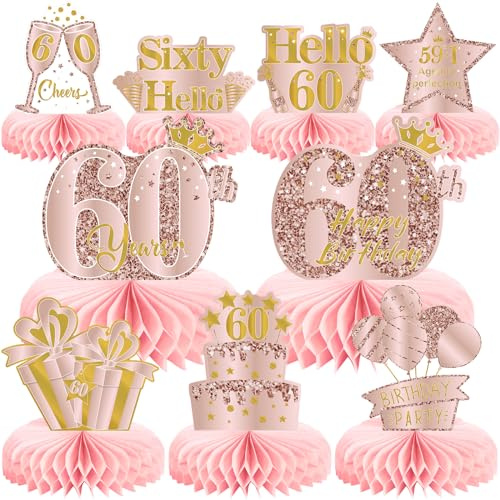 Voxisroma 9 decorazioni per 60° compleanno, 60° compleanno, donne, oro rosa, a nido d'ape, centrotavola per compleanno, 60° compleanno, decorazione per le donne, per il compleanno