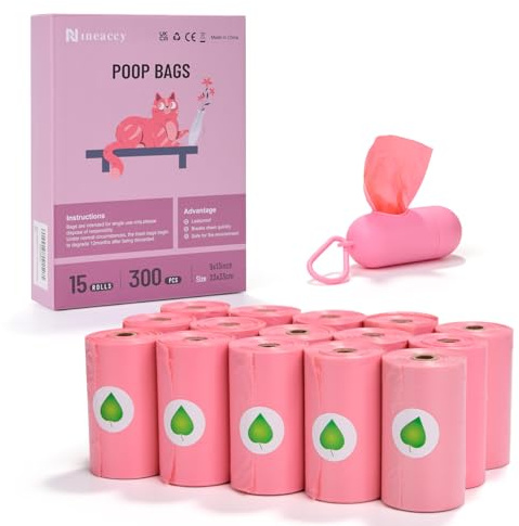 WDFAACK Biodegradable Pink Dog Poo Bags Lavender scent with Dispenser - 300 Large Poop Bags, Extra Thicken Strong Corn Starch Blended Compostable Leak Proof Poop Waste Bag for Dogs