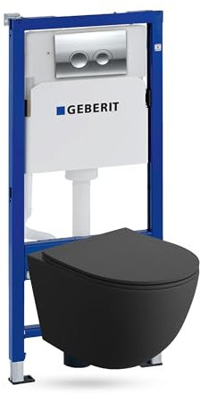 GEBERIT Duofix Basic Vorwandelement + Wand Tiefspül WC Sinto Schwarz Spülrandlos + WC Sitz + Bedienplatte Delta 25 Verchromt Knopf Komplettset Unterputz Spülkasten Toilette Komplett Sett WC