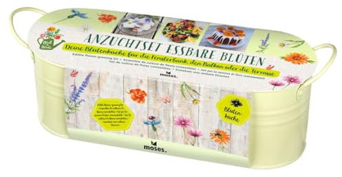 moses. Blatt & Blüte Anzuchtset Essbare Blüten in Zinkwanne, Samen mit Pflanzgefäß für Fensterbank, Garten, Balkon und Terrasse, Pflanzset mit Saatmischung aus essbaren Blumen für drinnen und draußen