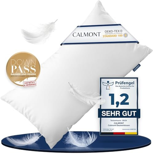 CALMONT 3-Kammer Daunenkissen 40x80 I flauschig & Allergiker geeignet I Langlebig & Atmungsaktives Bettkissen I Federkopfkissen I Federkissen 40 x 80 cm Kopfkissen Daunen