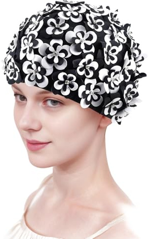 Medifier Cuffia da bagno vintage floreale con petali per donne e ragazze, turbante da nuoto elastico retrò con fiori, accenti di strass, nero e bianco