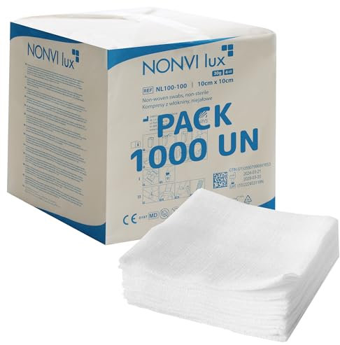 Compresas Nonvi lux de Tejido no Tejido, No Estériles 10x10 cm - 10x100 Unidades | Para Bebés y Mayores | Suaves y Absorbentes, 4 Capas, 30g | Ideal para Apósitos, Limpieza y Heridas