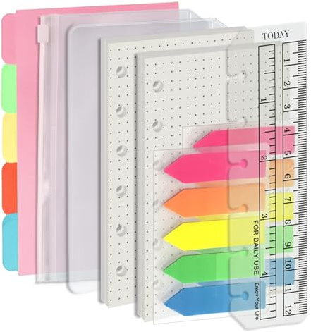 Harphia Set di ricariche A7 a 6 fori, confezione convenienza, 90 fogli di carta con adesivi e separatori, inserti per agenda con tasche a anelli per quaderno ricaricabile A7 - A puntini