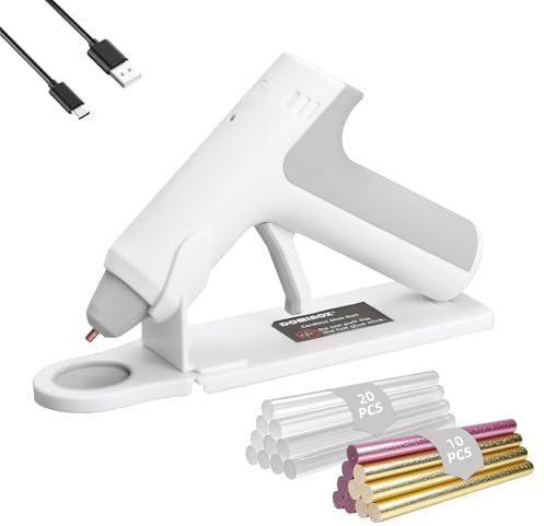 DOMINOX Cordless Hot Glue Gun with 30 Glue Sticks, 25s Fast Preheating, 2000mAh Type-C Rechargeable, Smart-Power-Off, for Art, Craft, DIY, Home Repairs, White