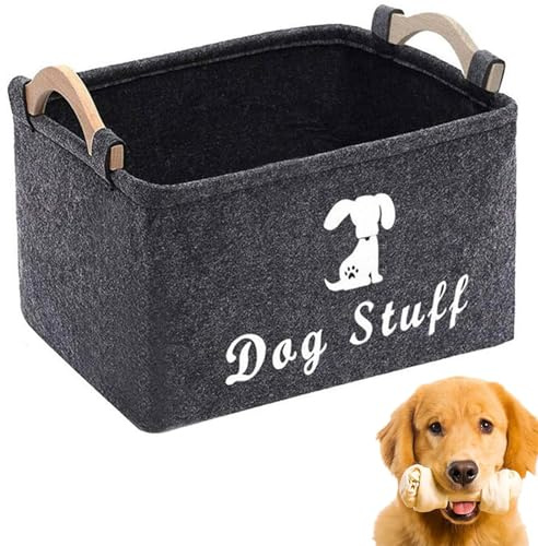 YSFVNP Dog Toy Storage, Dog Toy Box, With Wooden Handle and Cute Pattern Organizer Storage Basket for Pet Toys, Blankets, And Embroidered Dog Toys for Home Hiking (Black 38x25x23 cm)