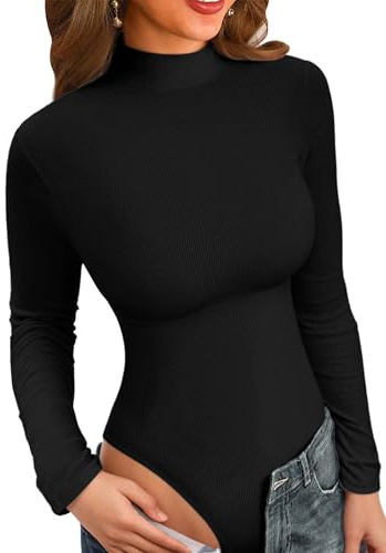 VICHYIE Body da donna a maniche lunghe, elegante colletto alto, stile basic aderente, ideale come canottiera, Nero , L