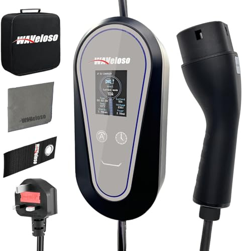 Waveloso EV Charger Cable Type 2 to 3 Pin Plug 5.4M,【6/8/10A】Adjustable Current Type 2 Charging Cable 3 pin Electric Car Charger 10A With LED Screen Timing Delay