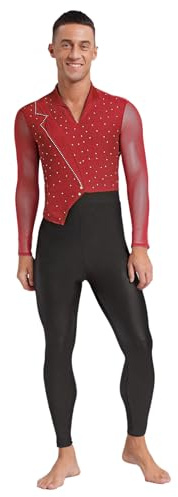 Jhaoyu Turnanzug Herren Jungen Ganzkörper Gymnastikanzug Mesh Patchwork Balletanzug Trikot Eiskunstlauf Body Sport Overall Jumpsuit Burgundy 3XL
