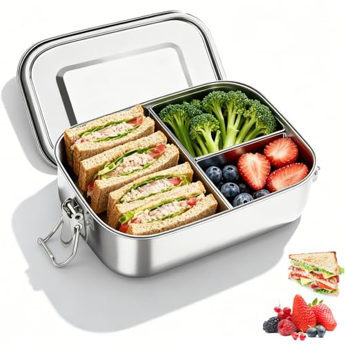 Ulmil Portapranzo in acciaio inossidabile, Scatola per Pranzo Sostenibile, Scatola Per Il Porta Pranzo a Tenuta Stagna, Con 3 Scomparti Impermeabili, Per Bambini Adulti(1000ml, 16 x 13.6 x 6.2cm)