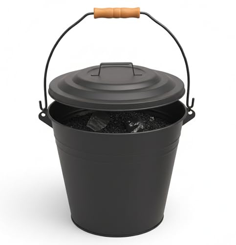 AOC24 - Metal Ash Bucket 10L with Lid & Wooden Handle – Fireplace Ashes, Coal, and Log Storage Bin, Fireside Ash Bucket for Wood Burning Stoves, BBQs & Fire Pits – Black H 11.4 x W 10.4 x D 8.2 (1)