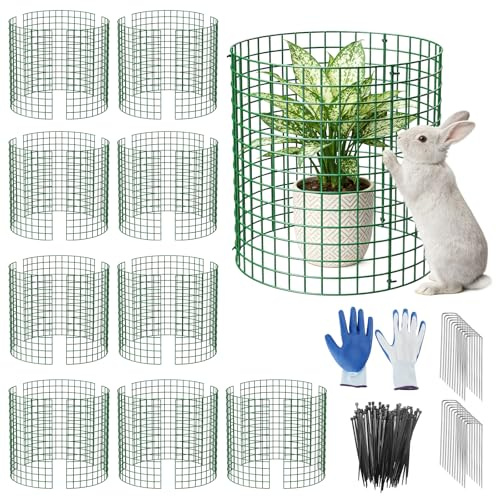 MQJIAZHI Juego de 10 rejas protectoras para plantas, 33 cm de altura, de metal verde, jaula protectora para plantas, con guantes, bridas y estacas, protección reutilizable contra conejos y animales