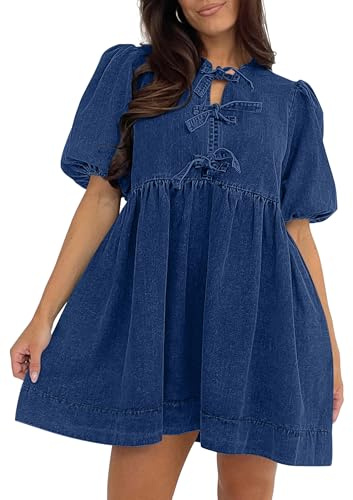 Fengbay Denim Dresses for Women Puff Sleeve Babydoll Jean Dress | Adjustable Bow Neck & Puff Short Sleeves; Loose Babydoll Cut With Side Pockets;Suitable For Brunch Daily & Holiday Wear