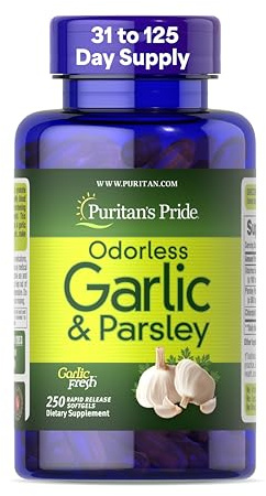 Puritan's Pride Preimum Odorless Garlic 5 mg (500 mg equivalent) & Parsley, Traditional Dietary Supplement for Heart Health, Circulation, and Blood Flow Support, 250 Rapid Release Softgels