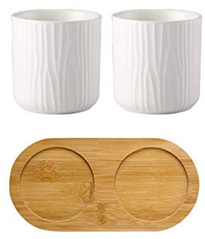 OnePine Lot de 3 Ensemble d'accessoires de Salle de Bain en céramique, Gobelet à Brosse à Dents Céramique, Plateau en Bambou