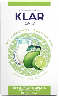 Klar Seifen Savon au babeurre et au citron vert 100 g, certifié Cosmos, sans huile de palme, convient aux peaux normales, savon 11060