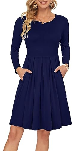 AUSELILY Women's Long Sleeve Pleated Loose Swing Casual Dress with Pockets Knee Length Navy Blue L