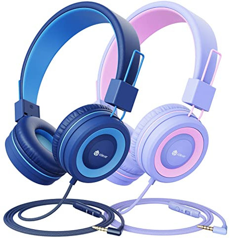 iClever 2 Pack Kinder Kopfhörer, Kabelgebundene Kopfhörer für Kinder mit MIC, 85/94 dB Lautstärkeregelung Einstellbare Stirnband, Faltbar auf Ohr Kopfhörer Kinder für Schule