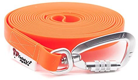 Twinkys Dog Style Hundeleine Schleppleine wasserabweisend 13 mm breit mit Sicherheitskarabiner für Hunde 10 Meter MIT Handschlaufe Neon Orange Made in Germany
