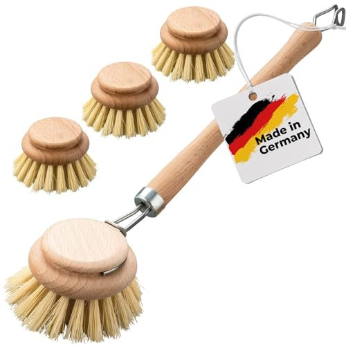 FEINHOLZ Spülbürste Holz mit Wechselkopf im 4er Set mit Naturborsten, Made in Germany, nachhaltige Spülbürsten Holz mit 3 x Ersatzkopf, Abwaschbürste, Geschirrbürste, Küchenbürste, Bürste Küche