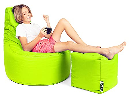 PATCH HOME Patchhome Gamer Cushion Lounge Cushion Bean Bag Armchair Seat Cushion Bean Bag + Cube / Stool with Zip Already Filled (Neon Yellow, XXL - Diameter 80 cm Chair + 35 x 35 cm Cube)