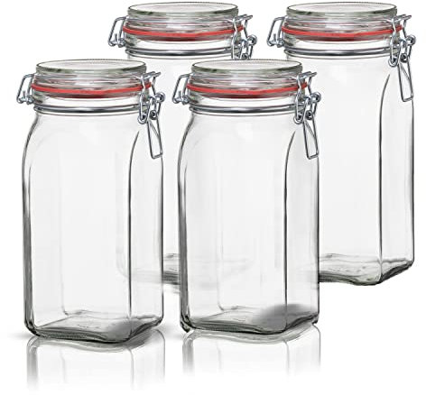 BigDean 4er Set Vorratsgläser 1,5L - Einmachgläser mit Bügelverschluss - Made in Germany - Drahtbügelgläser zum luftdichten Aufbewahren, Einlegen & Einkochen - Glas, eckig