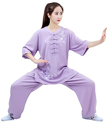 ERNP Qigong Vêtements Femme Été, Élégant Manches Courtes Été Lin Coton Linentai Chi Costume, Taichi Quan Lanterne Pantalontai Chi Quan Vêtements Pratique Vêtements Broderie (Apportez Un Ventilate