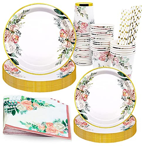 Bymivofun 125 Pezzi Stoviglie di Compleanno con Fiori, per 25 Ospiti, Forniture per Feste in Carta di Compleanno Floreali, per Decorazioni per Feste a Tema per Feste a Tema per Ragazze dei Bambini