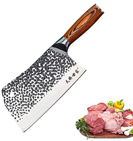 TJ POP Mannaia Coltello da Chef Cinese, Coltello da Cucina Professionale 19.4cm, Coltello per Carne Affilato con Design Full Tang, Lama in Acciaio 50Cr15 Spessore 3.5mm, TJ SEGA Serie TC19071