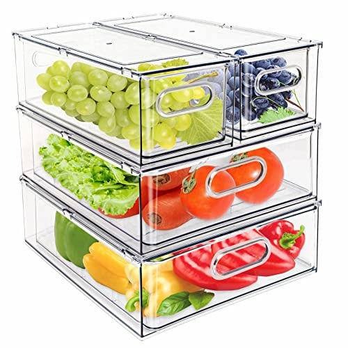 Eanpet 4Pack Stackable Refrigerator Organizer Bins Pull Out Drawer Large Vegetable Fruit Storage for Fridge Organizer Drawers with Handle Clear Food Storage Container Box for Kitchen Pantry Cabinet