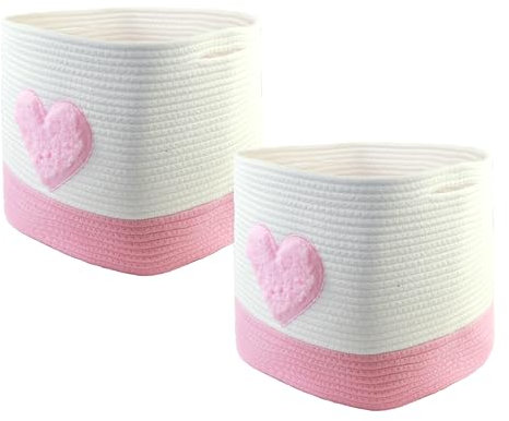 Lot de 2 paniers de rangement carrés tressés en corde de coton - 28 x 28 x 28 cm - Petits paniers tressés à trier - Pour chambre d'enfant, bureau - Décoratif - Cœur rose