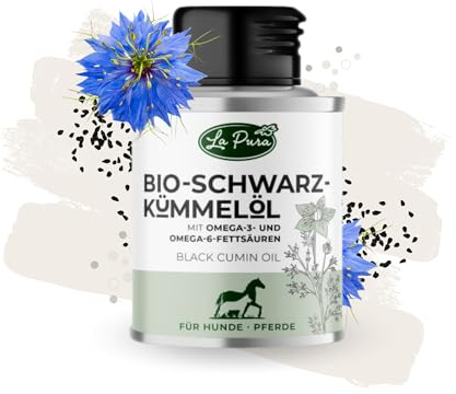 LaPura Olio di cumino nero biologico per cani e cavalli – per pelo lucido e pelle sana, supporta il sistema immunitario e la digestione, 100% naturale, spremuto a freddo, olio di barf 100 ml