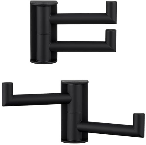 Suyar Double Towel Hook Matte Black, SUS 304 Stainless Steel Heavy Duty Wall Hook for Bathroom, Swivel Coat Holder, Towel Hanger with 2 Foldable Arms, 2 Pack