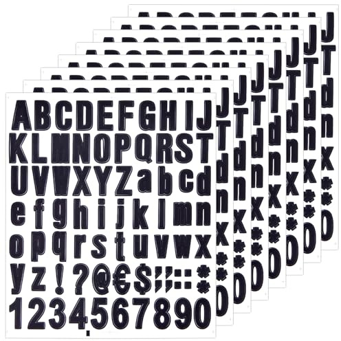Autocollants de Lettres en Vinyle 8 Feuilles Chiffres Lettres Auto-Adhésif Ensemble Noir pour Bricolage Adresse Fenêtre Voitures Porte Camions Boîte aux Lettres Enseignes