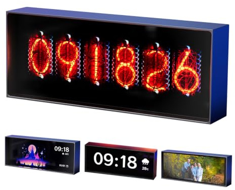 Horloge LED Nixie numérique avec météo, horloge tube avec contrôle par application, synchronisation WiFi et Bluetooth, affichage photo vidéo personnalisé, 5 modes d'affichage de l'heure pour chambre à