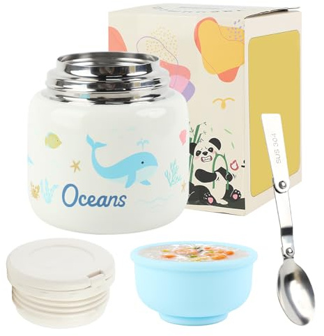 FYting Termosbehållare för mat, 500 ml müslikopp To Go, termoskål med lock, 316 rostfritt stålmaterial med sked, handtagdesign, för soppa, gröt, glass och yoghurt (undervattensvärld)