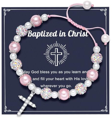 XFSRG Bracelet Croix Femme Perles Charms BraceletTressé Réglable Bijoux Fille Communion Baptême Cadeau Fête pour Sœur Amie (Rose 1)