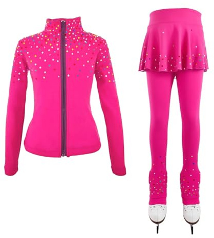 LIUHUO Figure Ice Skating Training Pants Jackets Girls Womens Fleece Shiny Colored Diamond Girl Comfortable Warm Tracksuit Rose Red