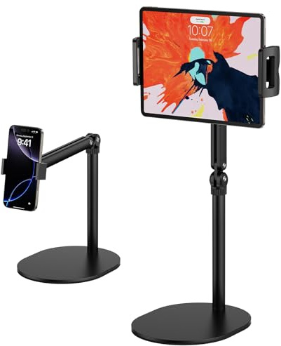 POLESTO Supporto per Tablet da Scrivania Regolabile in Altezza con Braccio Pieghevole, Base Pesante e Supporto Tablet/Telefono - Compatibile con iPad/iPhone/Kindle/Telefoni e Altri