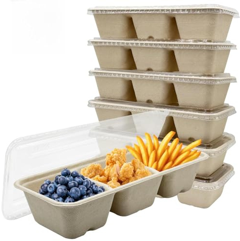 La Llareta 20 PCS Cajas Bento Rectangulares de 3 Compartimentos, 600ml Cajas de Almuerzo Desechables con Tapa, Resistentes al Aceite y Agua, Contenedores iodegradables para Llevar y Picnic