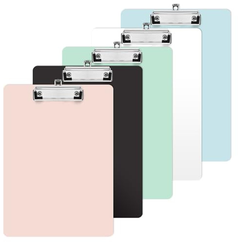Wozzies Klemmbrett A4, Klemmbretter A4 aus Kunststoff mit Starkem Metallclip Clipboard Farbenfrohes Schreibbrett für Büro, Schule, Kreativprojekte, Zeichnungen, Speisekarten, Set 5 Stück 31 x 22,5 cm
